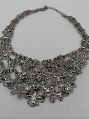 Silver Tone Statement Bib Necklace Abstract Chain Rhinestone Industrial Chic